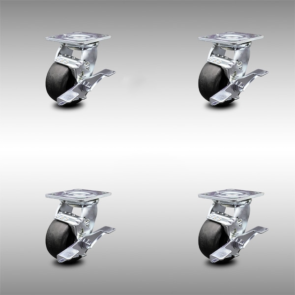 4 Inch SS Glass Filled Nylon Caster Set with Ball Bearings and Brake/Swivel Lock